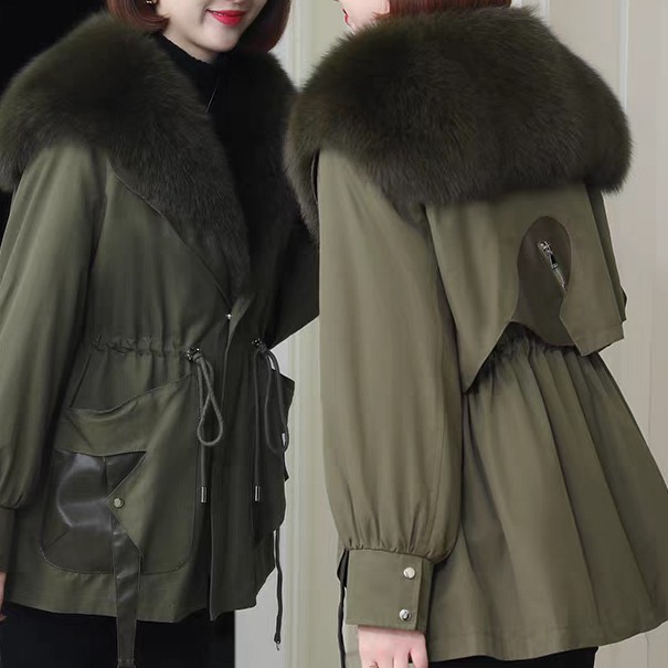 冬季新款领内胆可拆卸加绒派克服大毛领短款女皮草外套韩版显瘦