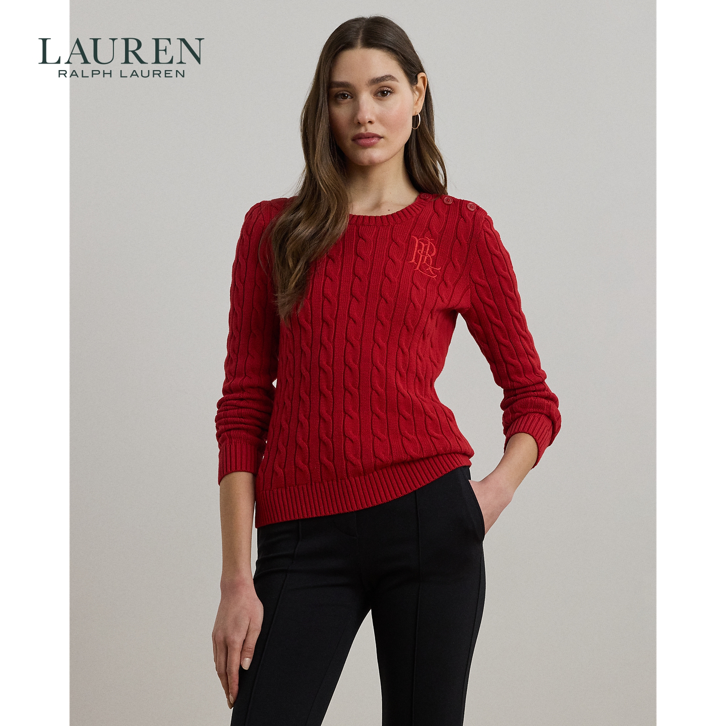 Lauren拉夫劳伦女装 25年秋修身版型绞花编结棉质针织衫200932223