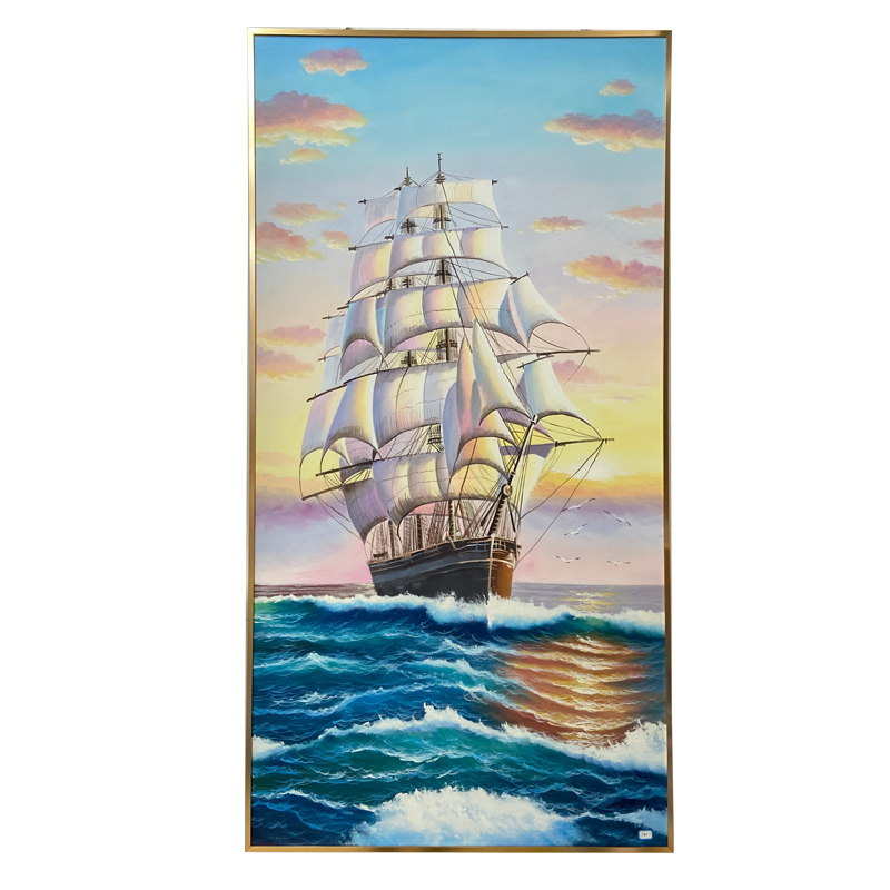 带框纯手绘海浪帆船一帆风顺风景油画金色铝合金外框