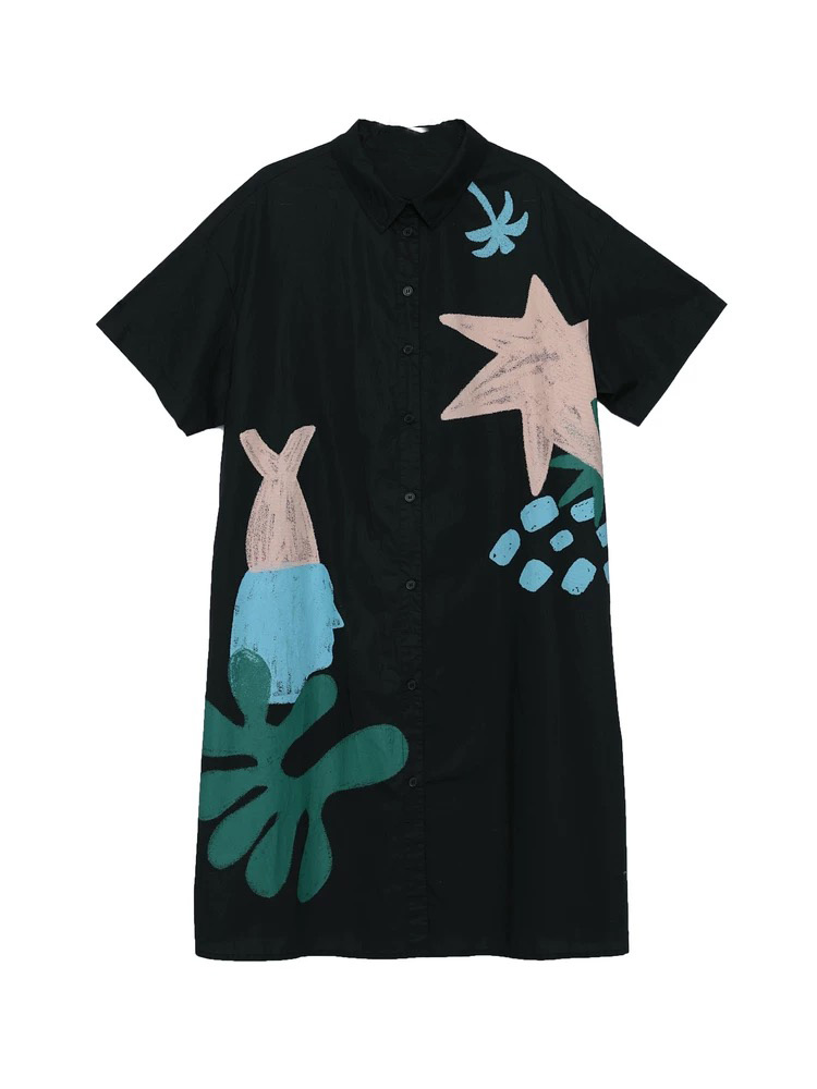 【抽象印花】创意涂鸦风短袖衬衫连衣裙趣味图案慵懒风衬衫裙D0281