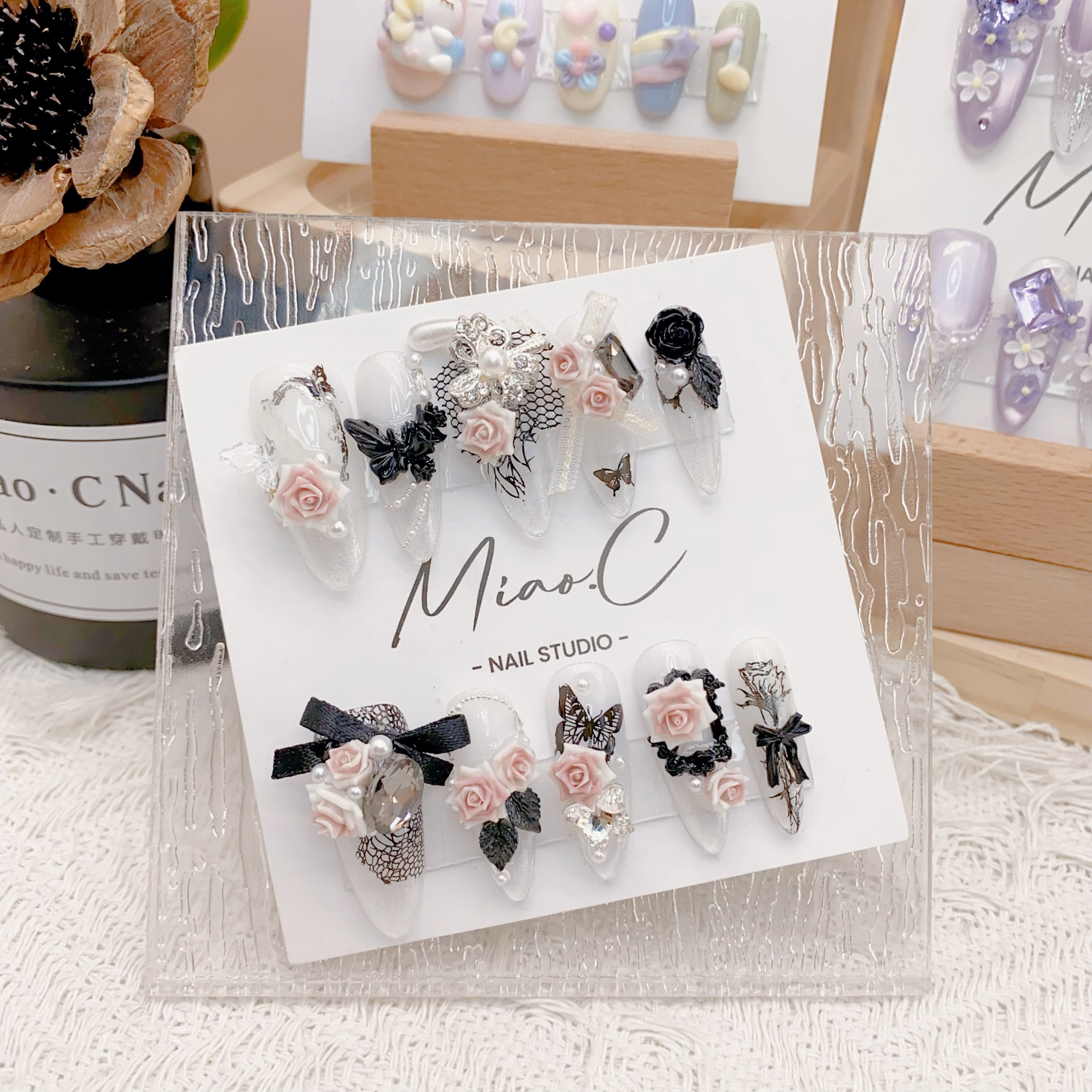 【花间】Miao.C原创系列 纯手工夏日清新清透显白干枯玫瑰穿戴甲