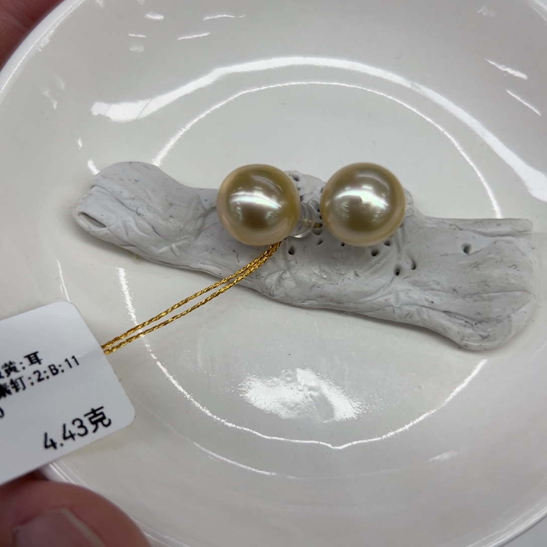 银S925镶嵌耳饰海水珍珠11-12mm金珠干枯色素钉