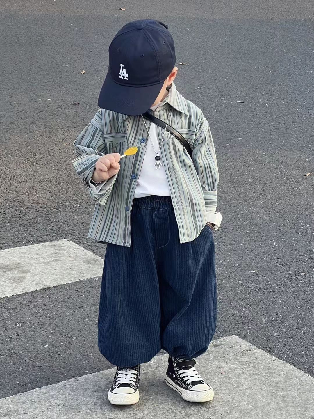 森系儿童春秋款套装新款韩版男童条纹衬衫休闲阔腿灯笼裤子两件套