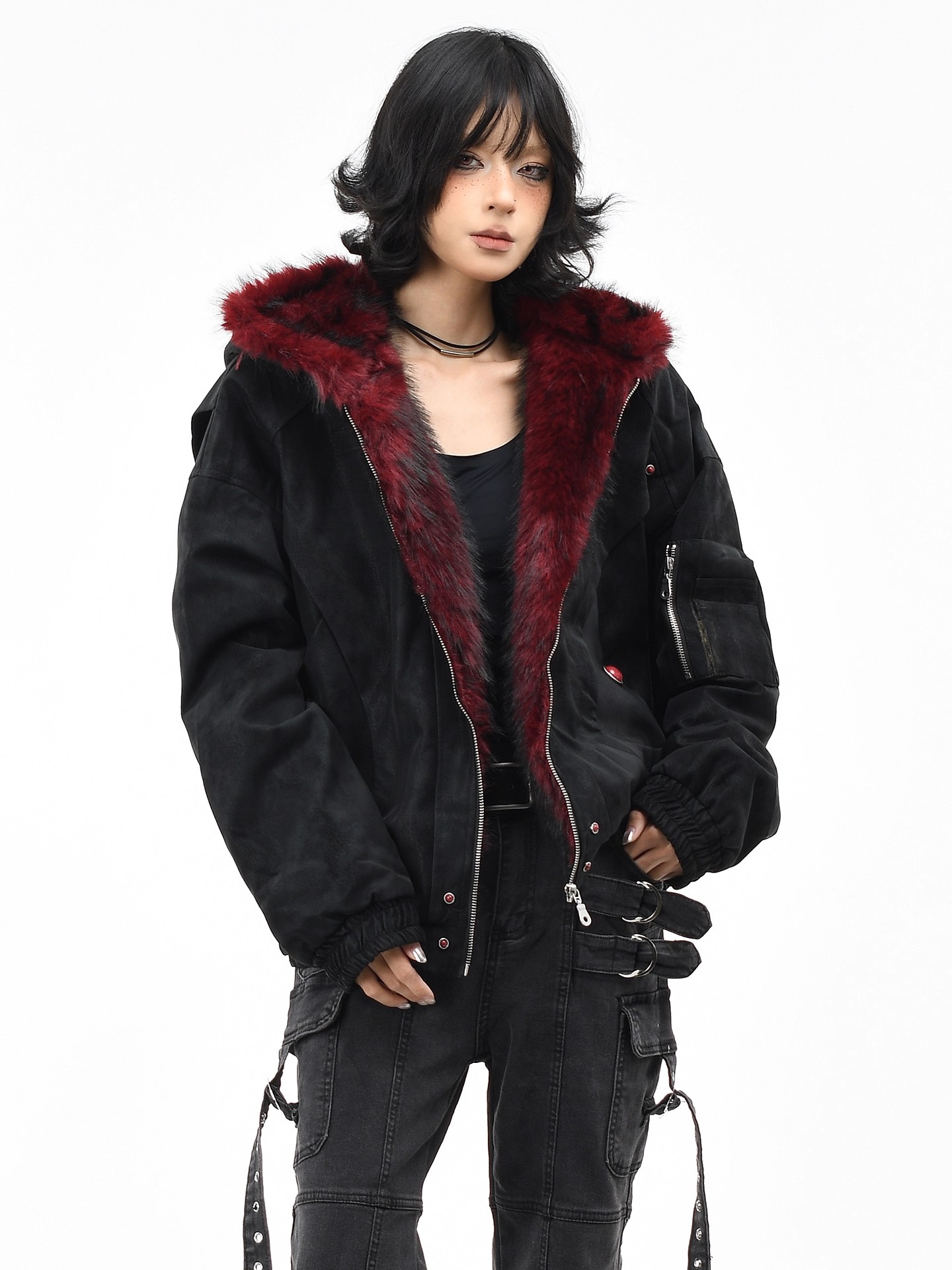 冬装美式PU皮座山雕棉服男女同款加厚保暖毛领短款高级感棉衣外套