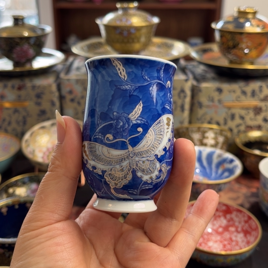 全手工全手绘青花金银错蚊香杯