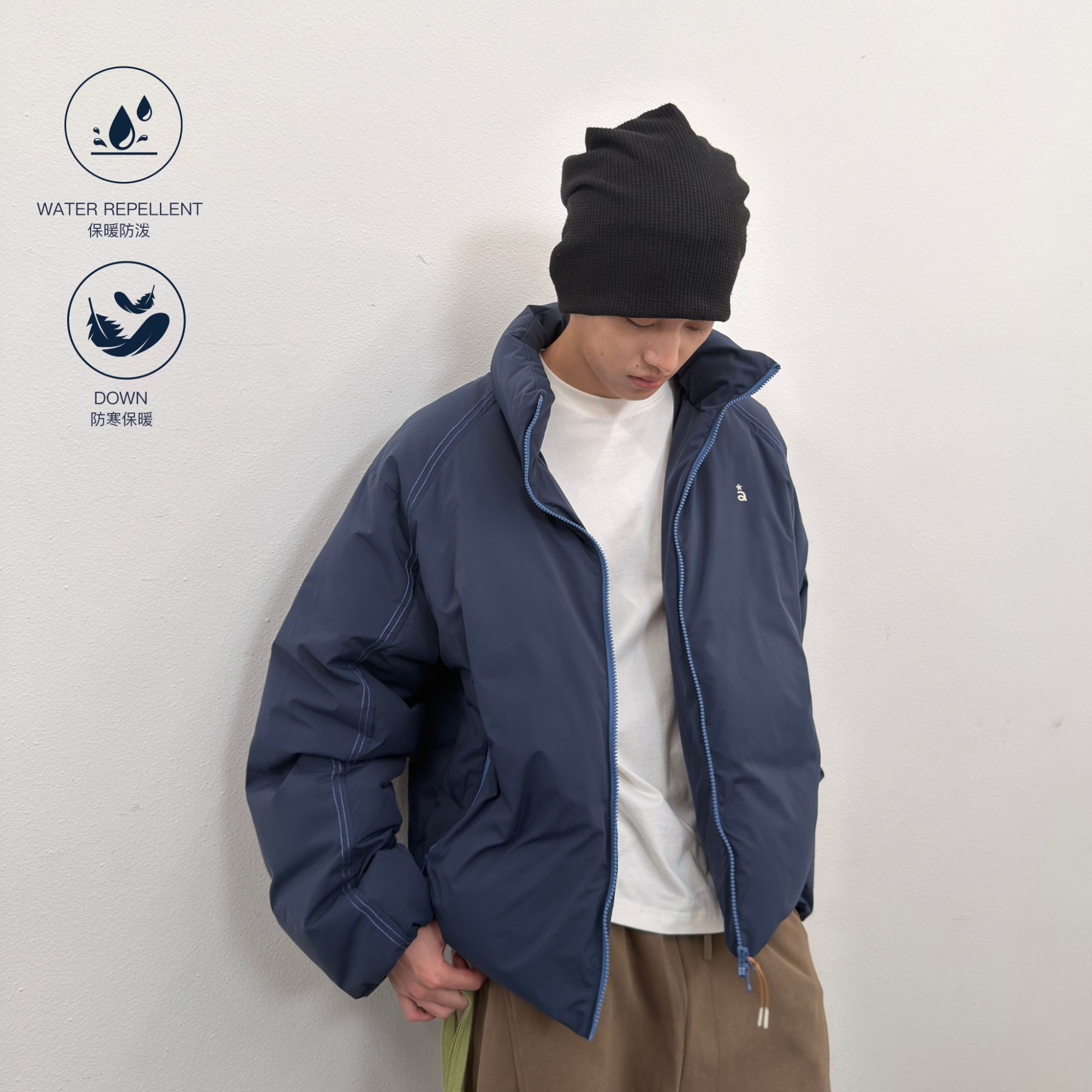 roaringwildaarch咆哮野兽蓝色基础拉链羽绒服短款冬季