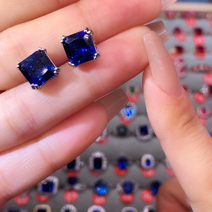 蓝宝石耳饰银S925镶嵌