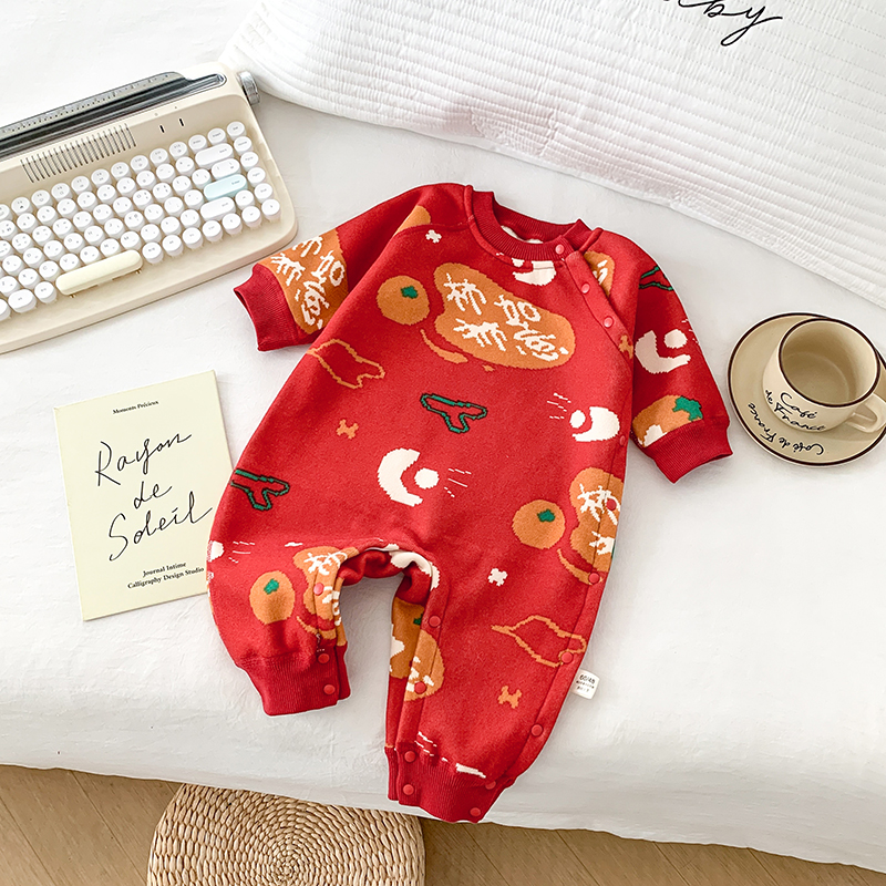 针织加绒偏开婴幼儿连身衣宝宝打底无骨新生儿连体衣通用