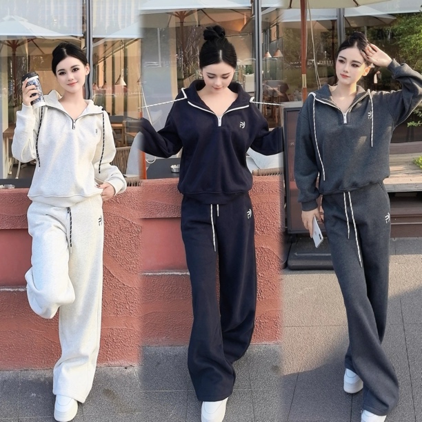 休闲连帽加绒卫衣套装女2025秋冬新款减龄直筒长裤两件套潮