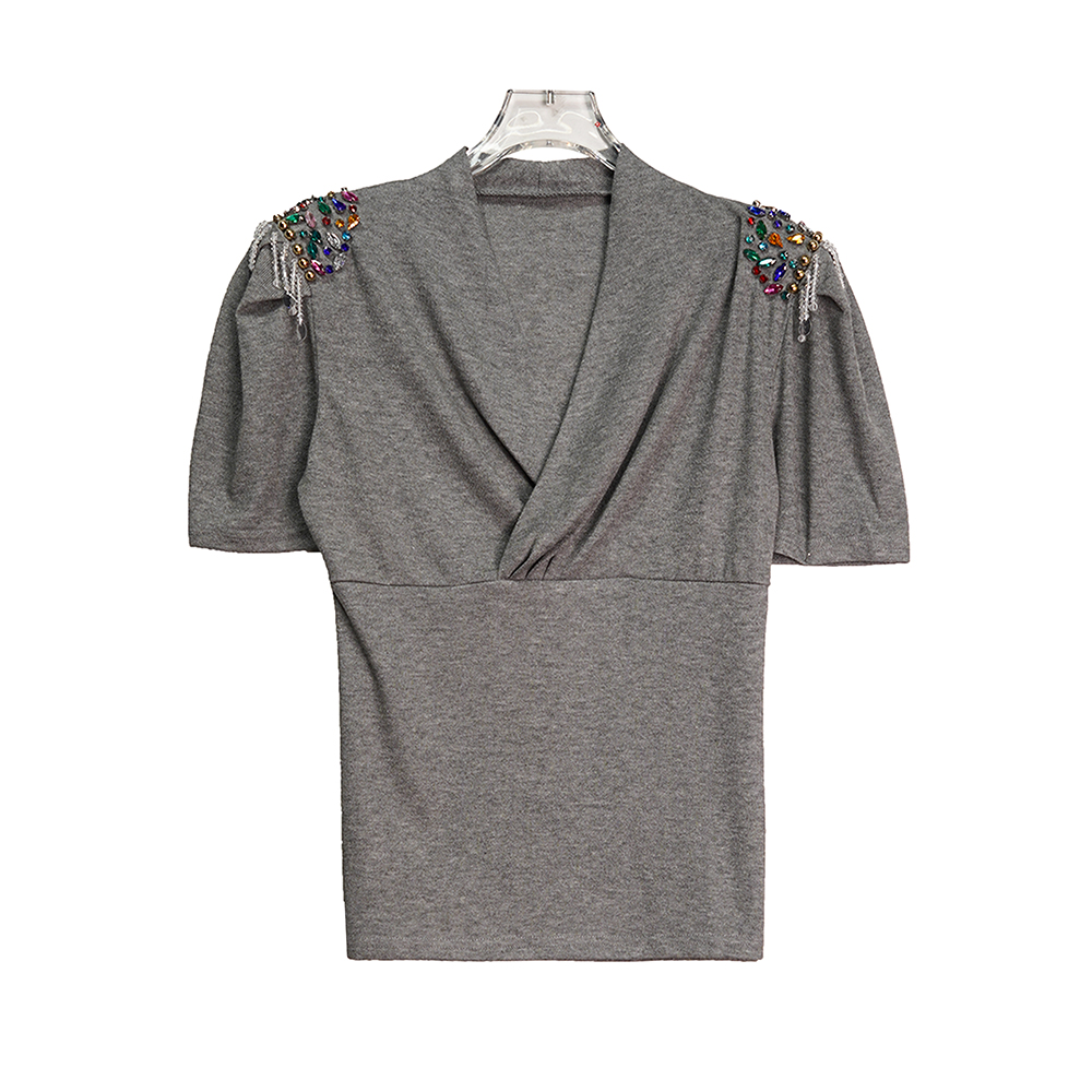 时尚V领交叉灰色烫钻短袖修身上衣X02313