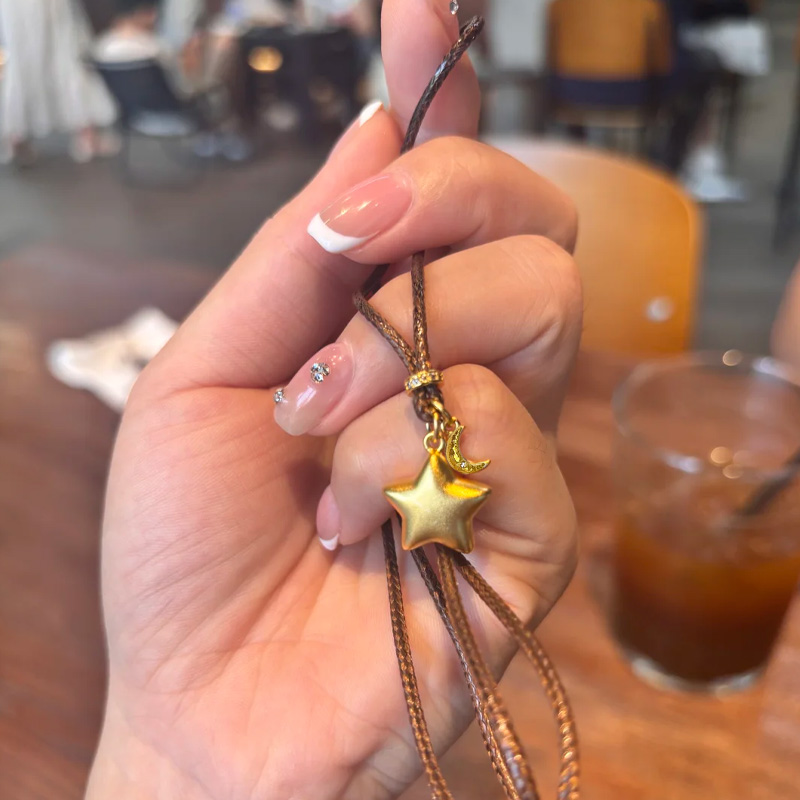 足金999折纸星星黄金吊坠月亮五角星复古简约百搭编绳套链520送礼