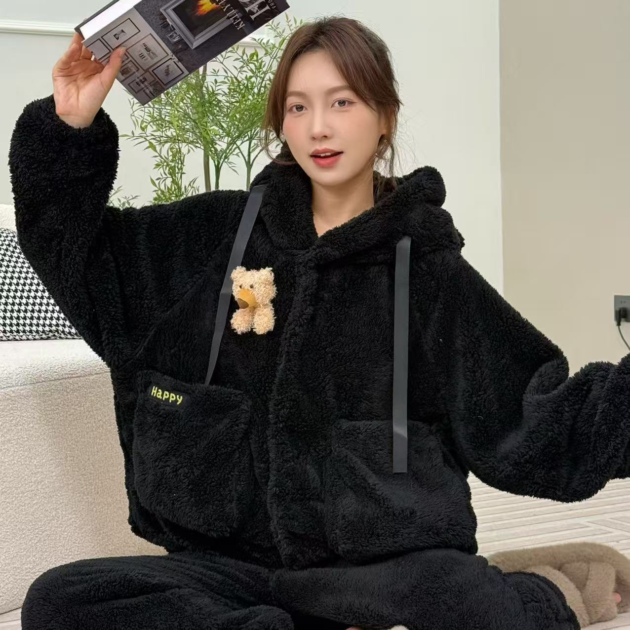 【新品福利】特厚加绒保暖可爱泰迪熊宽松韩版家居服套装裤子有口