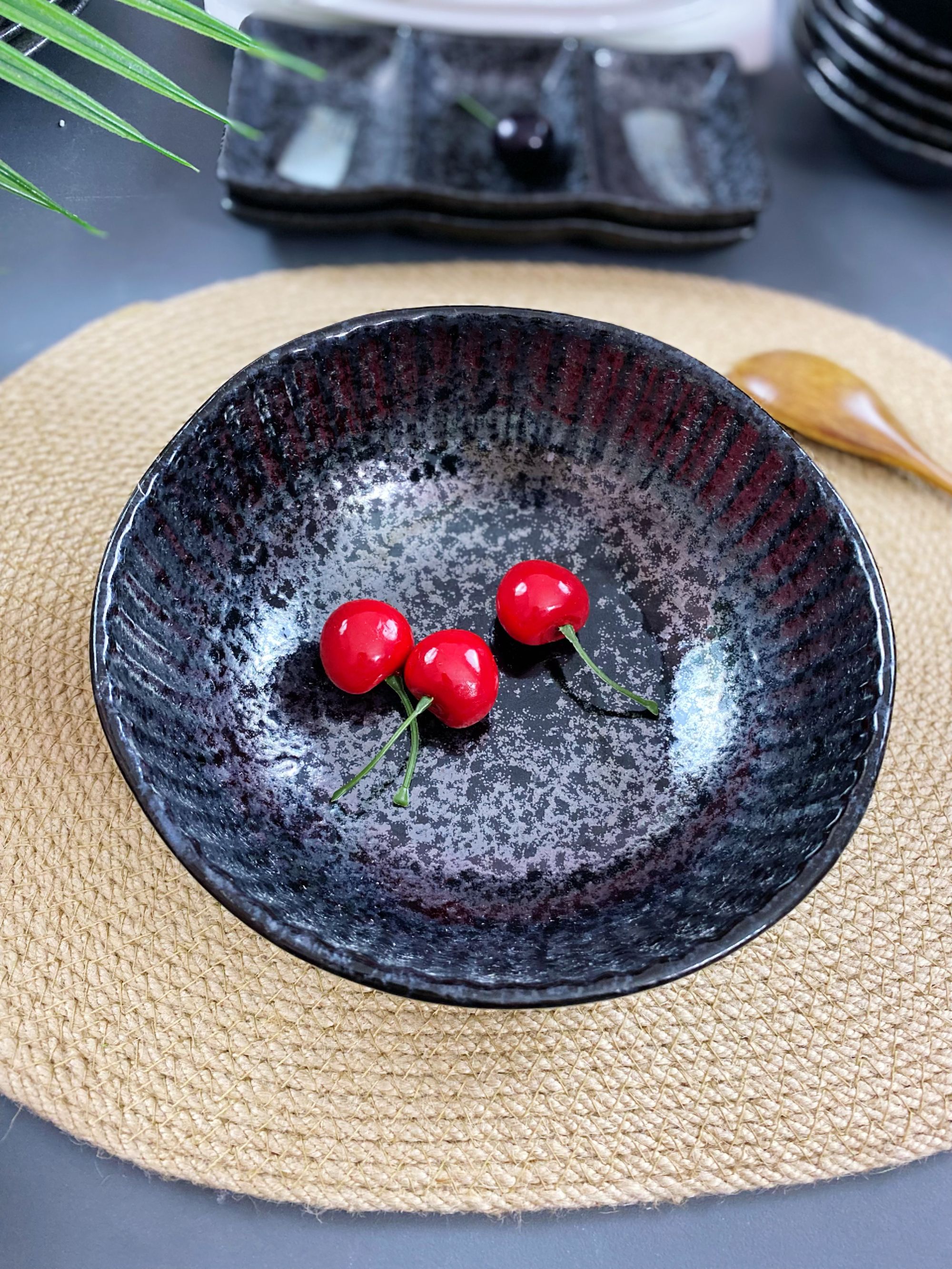 日式黑色泼墨复古陶瓷菜碗拉面碗7英寸