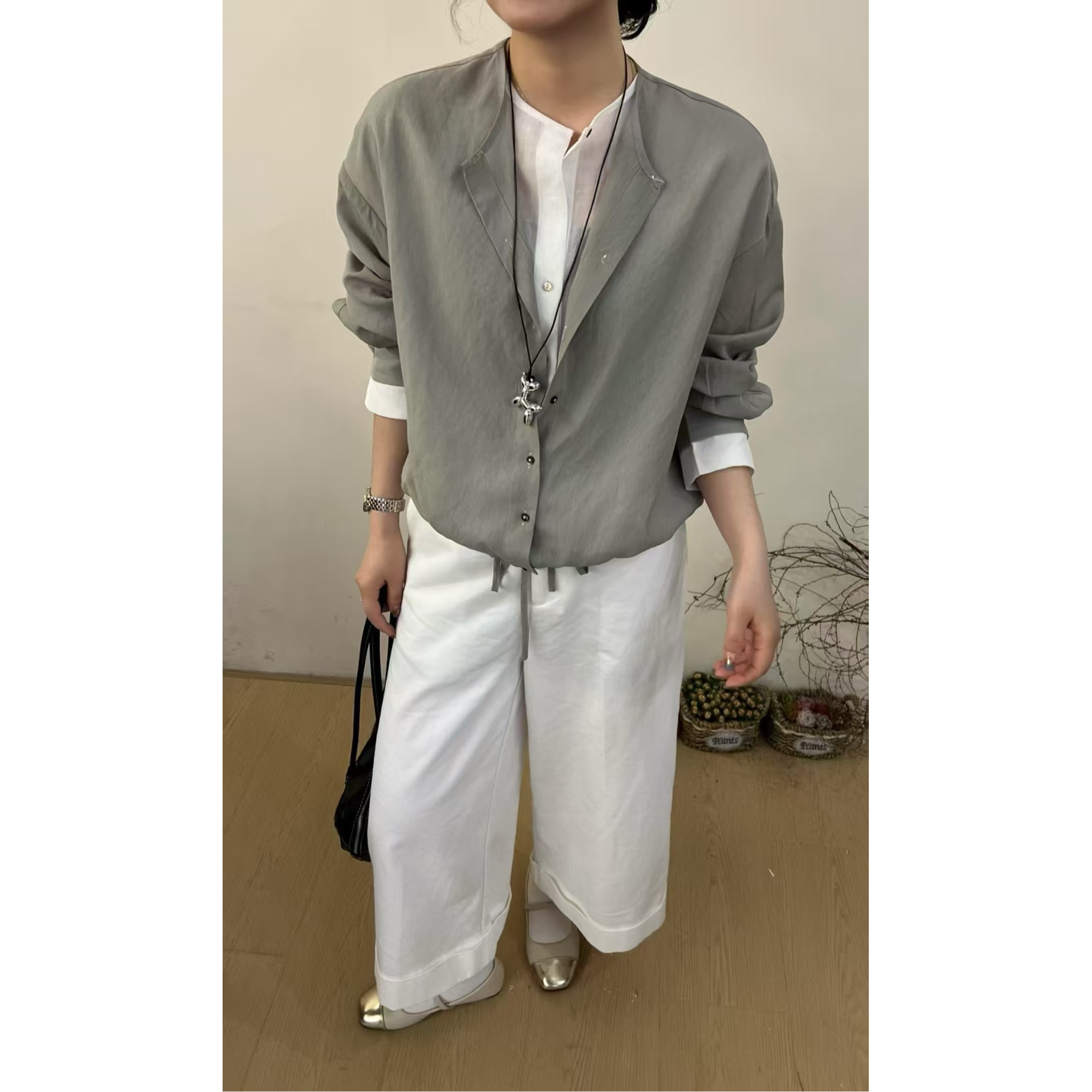 做旧简约圆领长袖纽扣常规衬衫韩版休闲针织时尚假两件外套25129