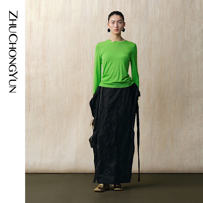 ZHUCHONGYUN春不规则圆领桑蚕丝羊毛绿色修身打底针织C1FZ1707M