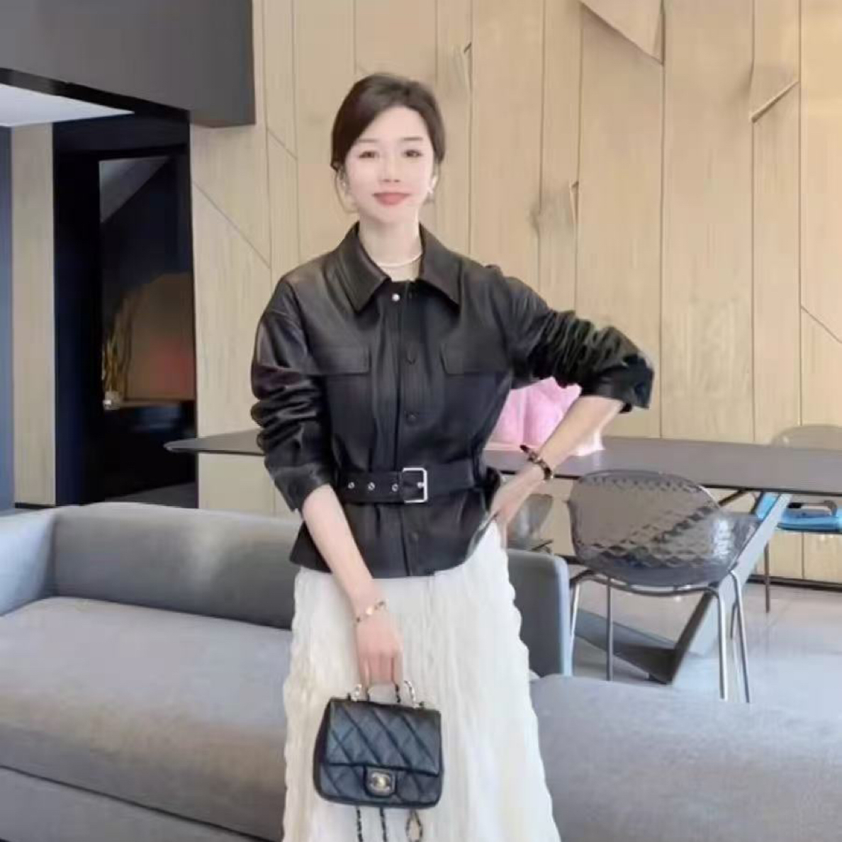 韩系博主风 翻领工装口袋皮外套 腰带收腰设计 显瘦显气质