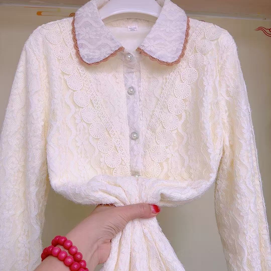 撞色半开领女士加里衬+加绒娃娃领蕾丝打底衫洋气遮肚显瘦百搭