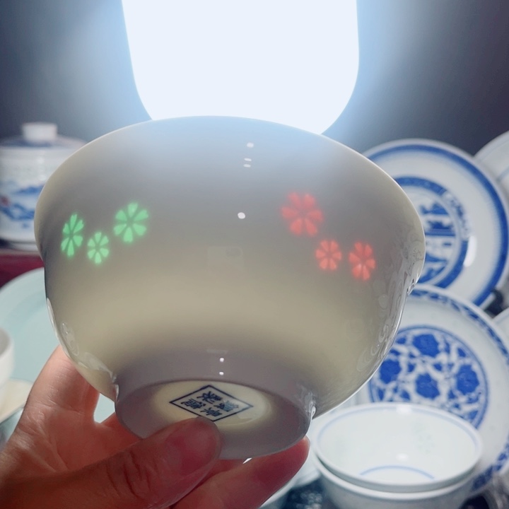 青花玲珑5寸饭碗三星花彩玲珑