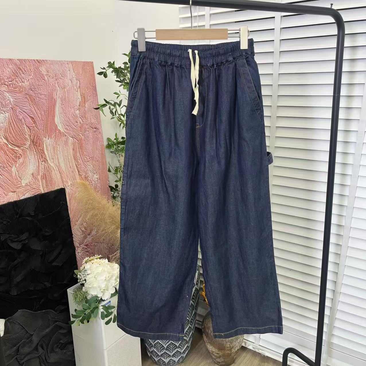 日系新品「水洗多袋拼接」松紧腰休闲阔腿直筒休闲裤女E3300