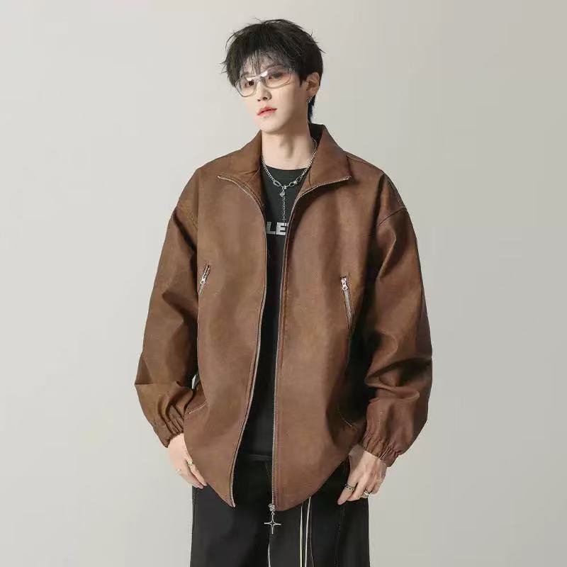 情侣春秋季炸街潮流宽松pu皮夹克女美式复古痞帅高级感皮衣外套男