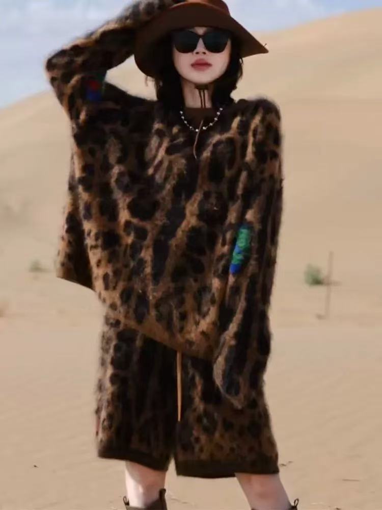 【慧慧专属】豹纹山羊绒拉绒圆领针织衫秋冬宽松上衣加厚慵懒风