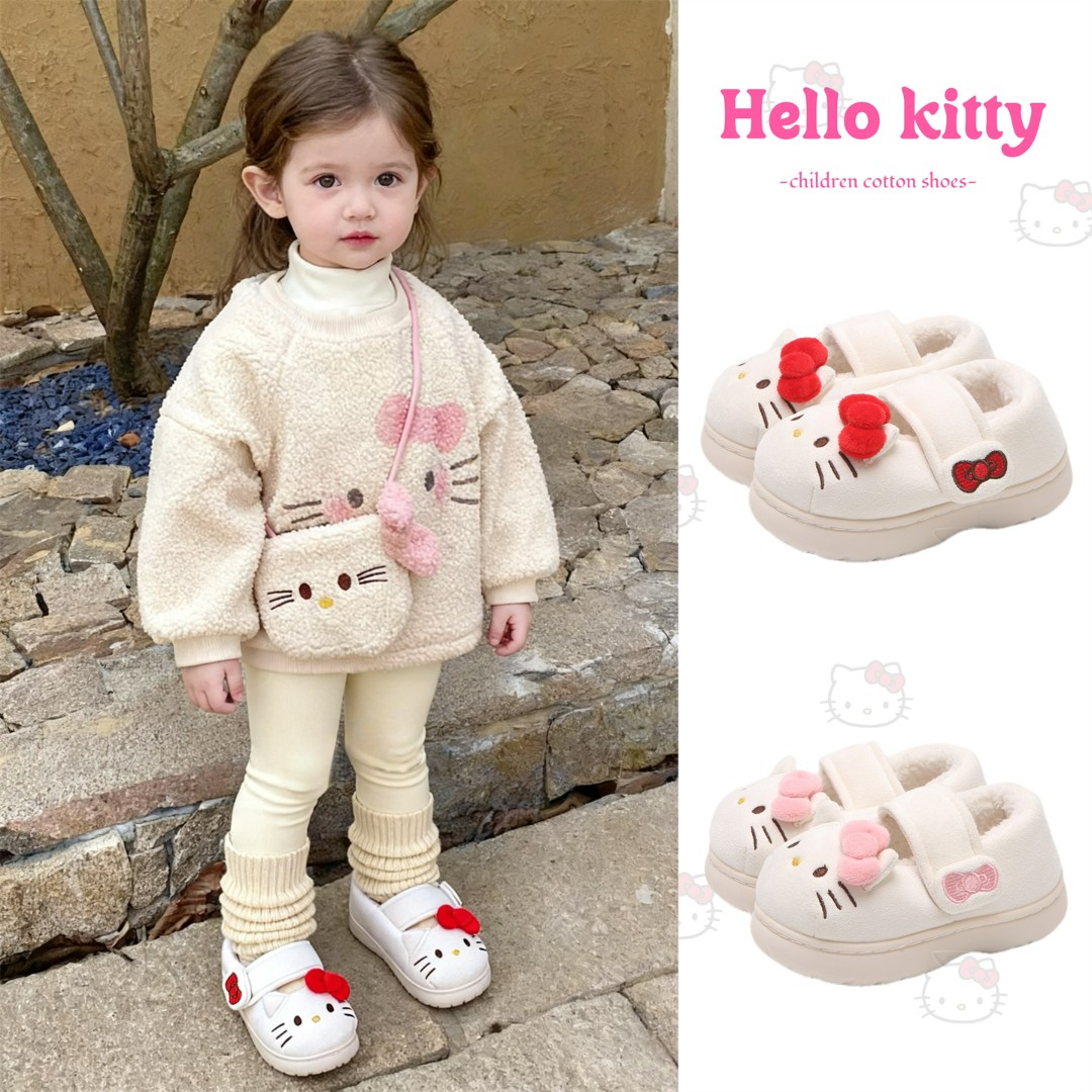 细细条 少女心正版HelloKitty亲子棉鞋女冬创意魔术贴儿童棉拖鞋