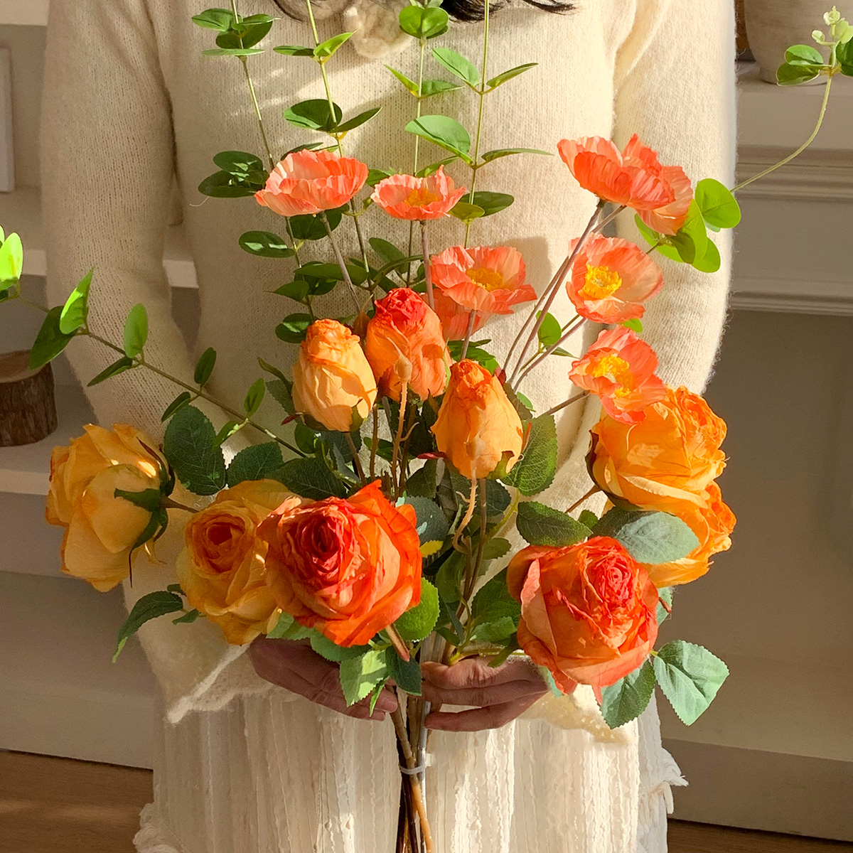 （落日余晖）橙黄色花束 焦边玫瑰花虞美人花束玄关花客厅仿真花