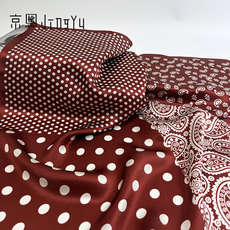 京榆 丨波点腰果丨100%桑蚕丝14姆米素绉缎中方巾围巾丝巾65*65cm