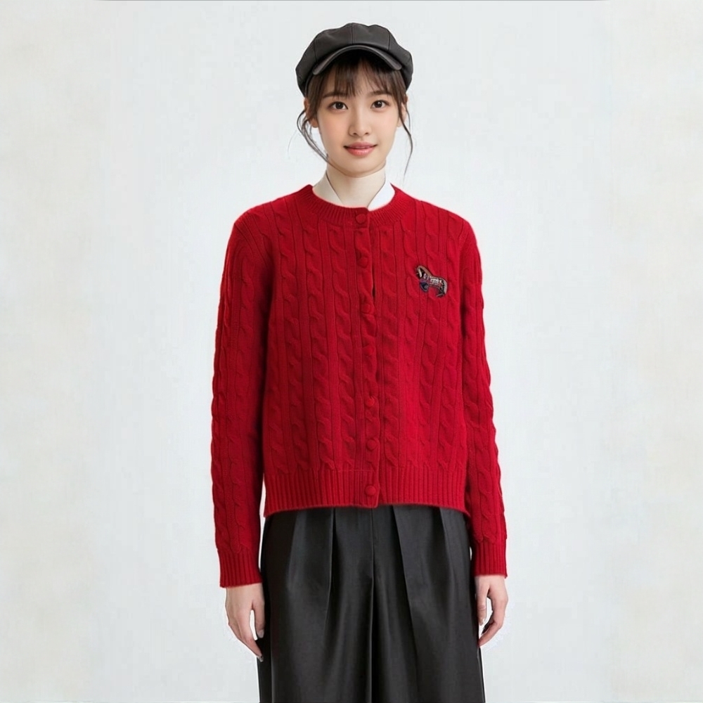 网红秋冬女毛针织衫针织红色圆领有领毛衣开衫长袖