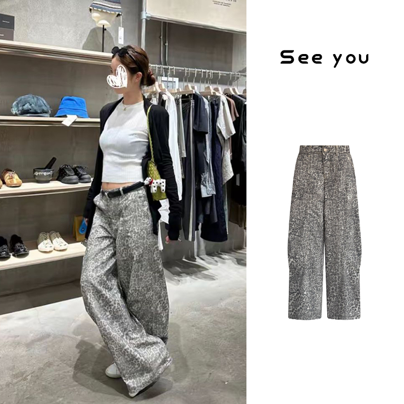 宽松直筒高腰豹纹裤女夏季韩系设计感显瘦弯刀阔腿休闲裤8999