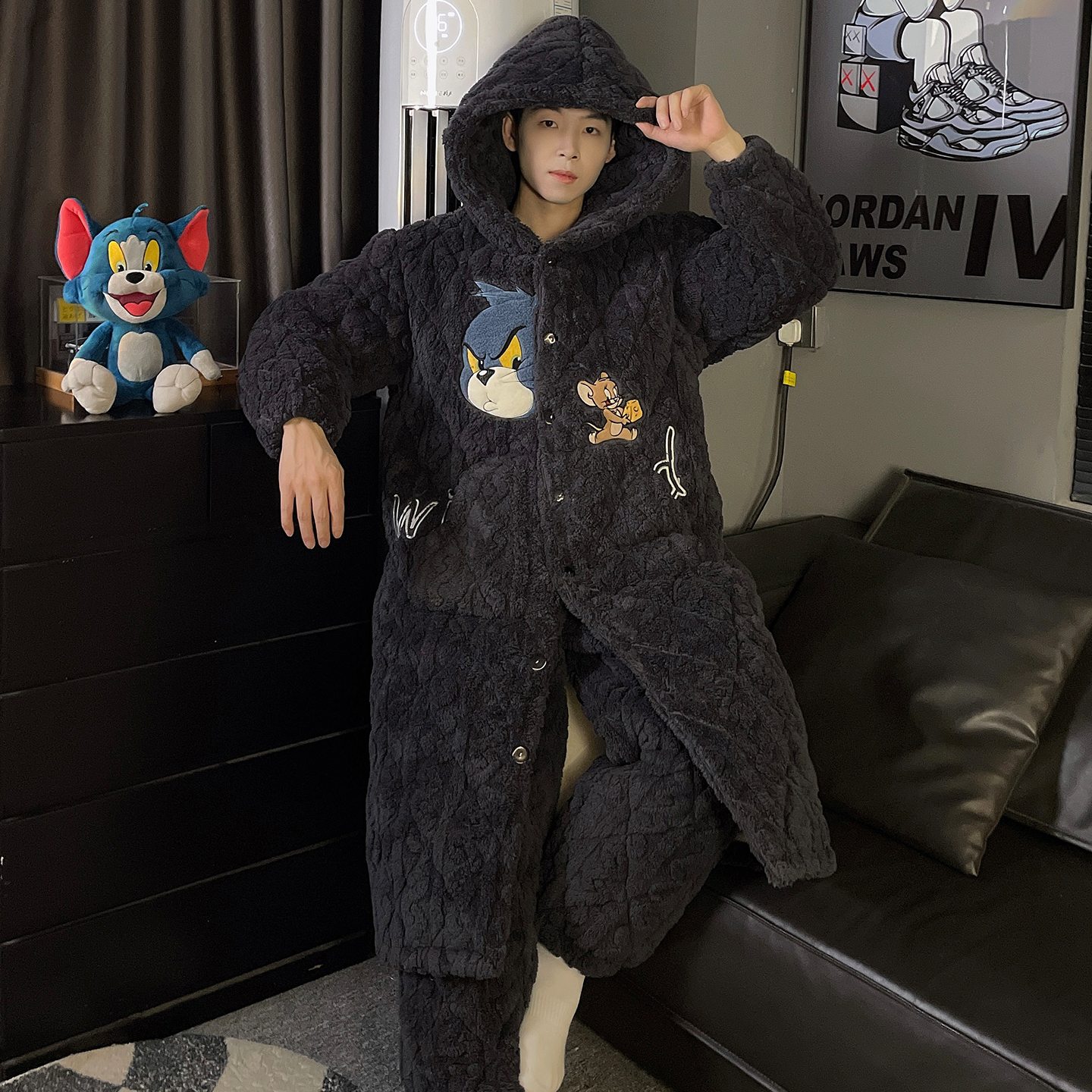 三层夹棉加厚睡袍冬季男士睡衣加厚加绒秋冬款珊瑚绒家居服 7846