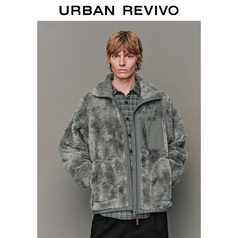 UR2025冬季新款男装复古立领仿羊羔绒拼接夹克外套UML150077