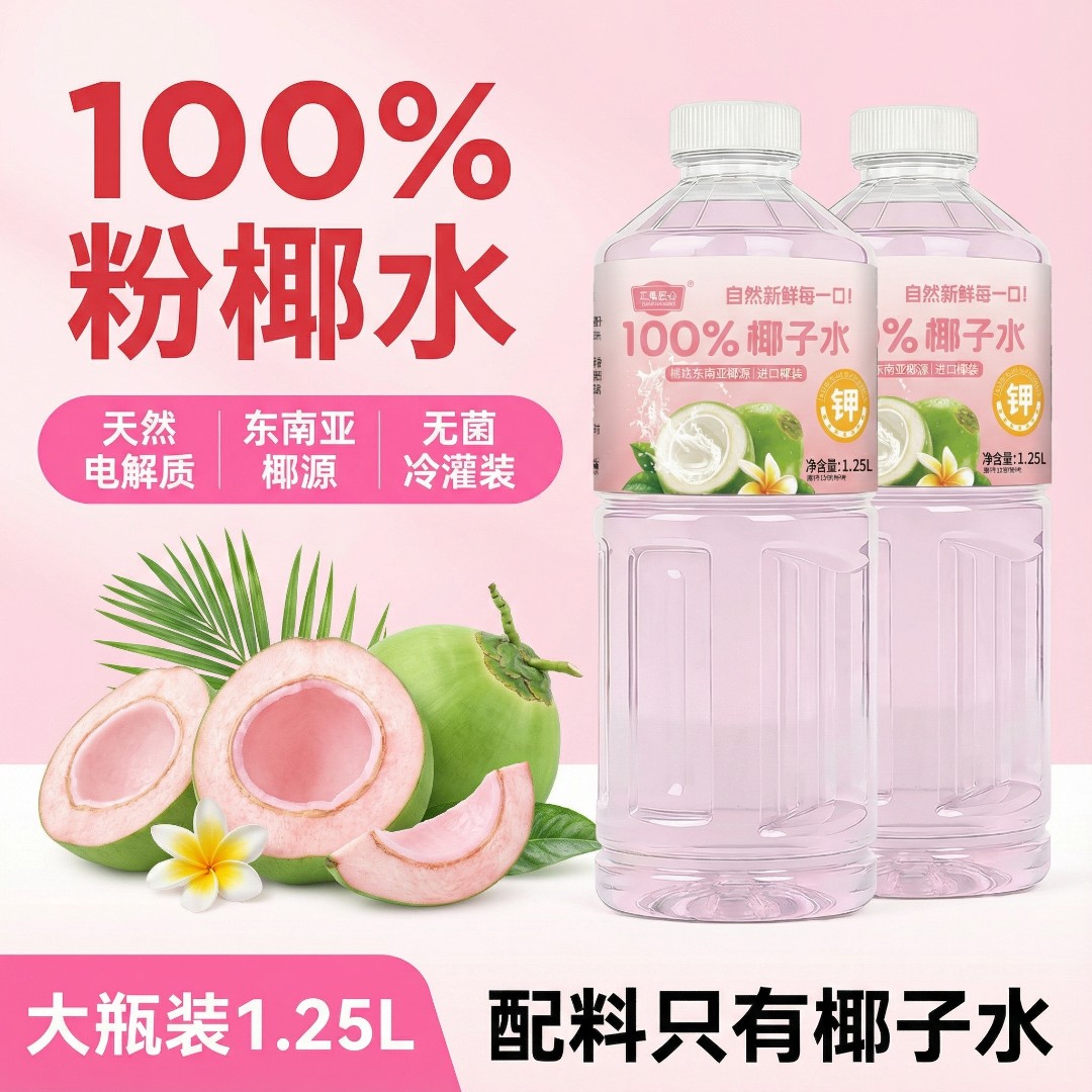 【含钾高】100%粉红椰子水1.25L*2瓶鲜榨椰汁0脂含天然电解质饮品
