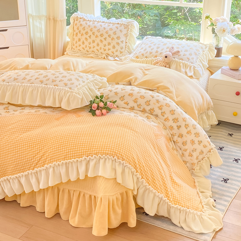 爆款冬季加厚牛奶床盖四件套保暖双面绒被套夹棉加绒花边被套床单