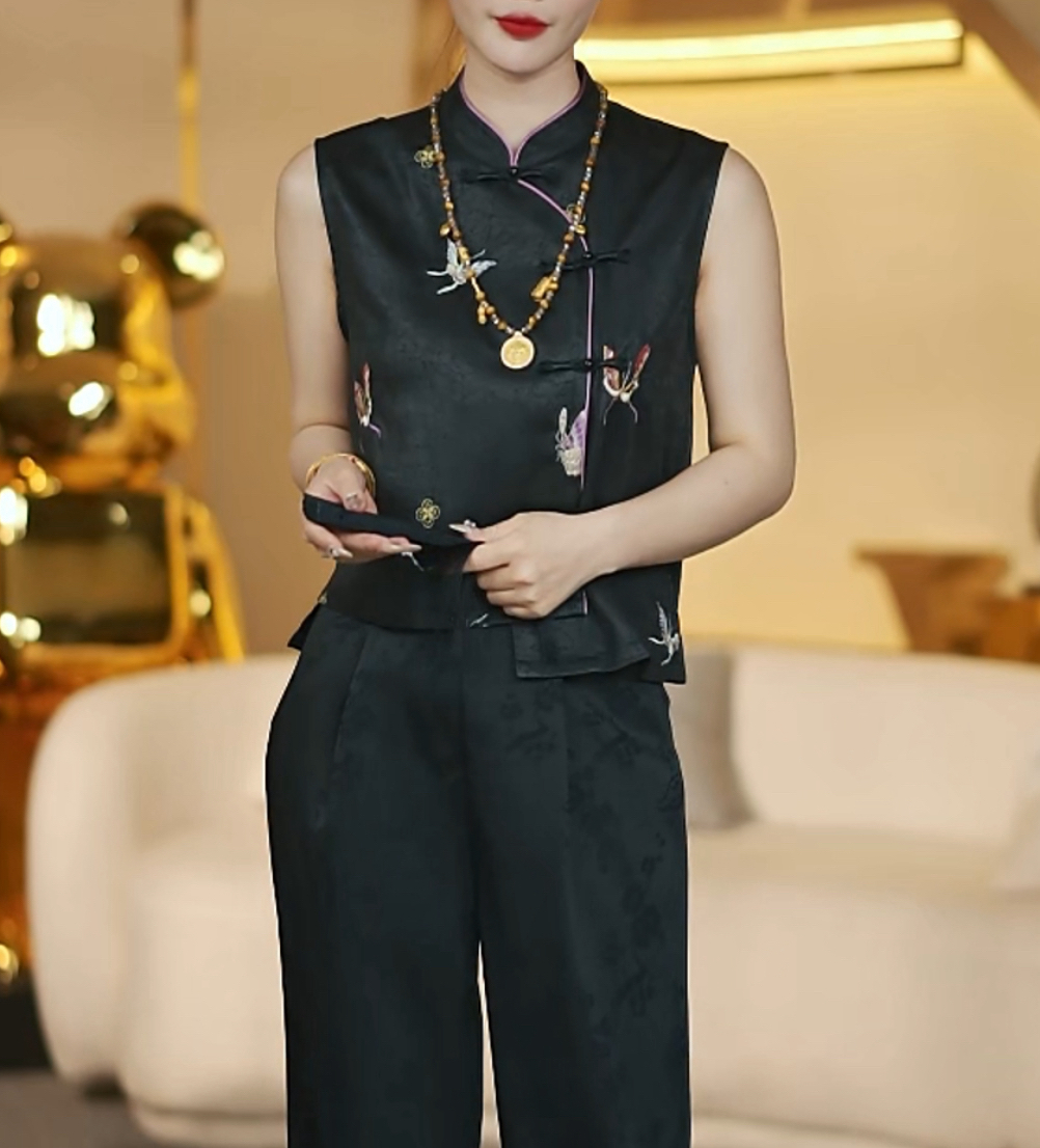 3853新国潮绮丽蝶韵斜扣提花夏季马甲