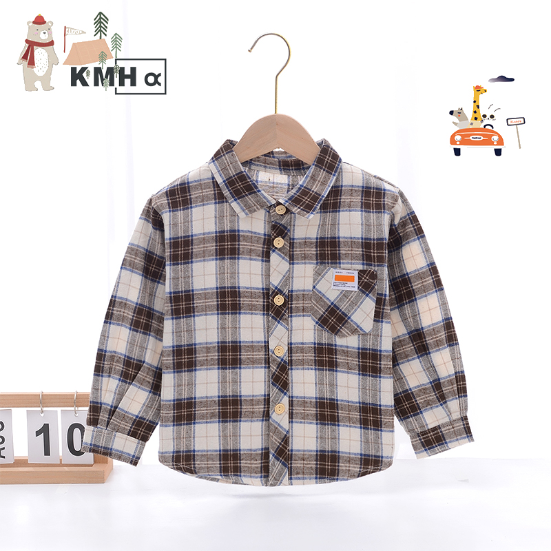 格子水洗衬衫长袖纯棉卫衣磨毛外出翻领衬衣男童春装外套