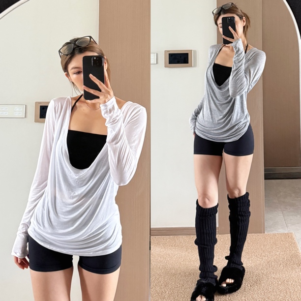 DAYOFF-莱赛尔天丝荡领罩衫瑜伽健身长袖T恤女小上衣前后两穿