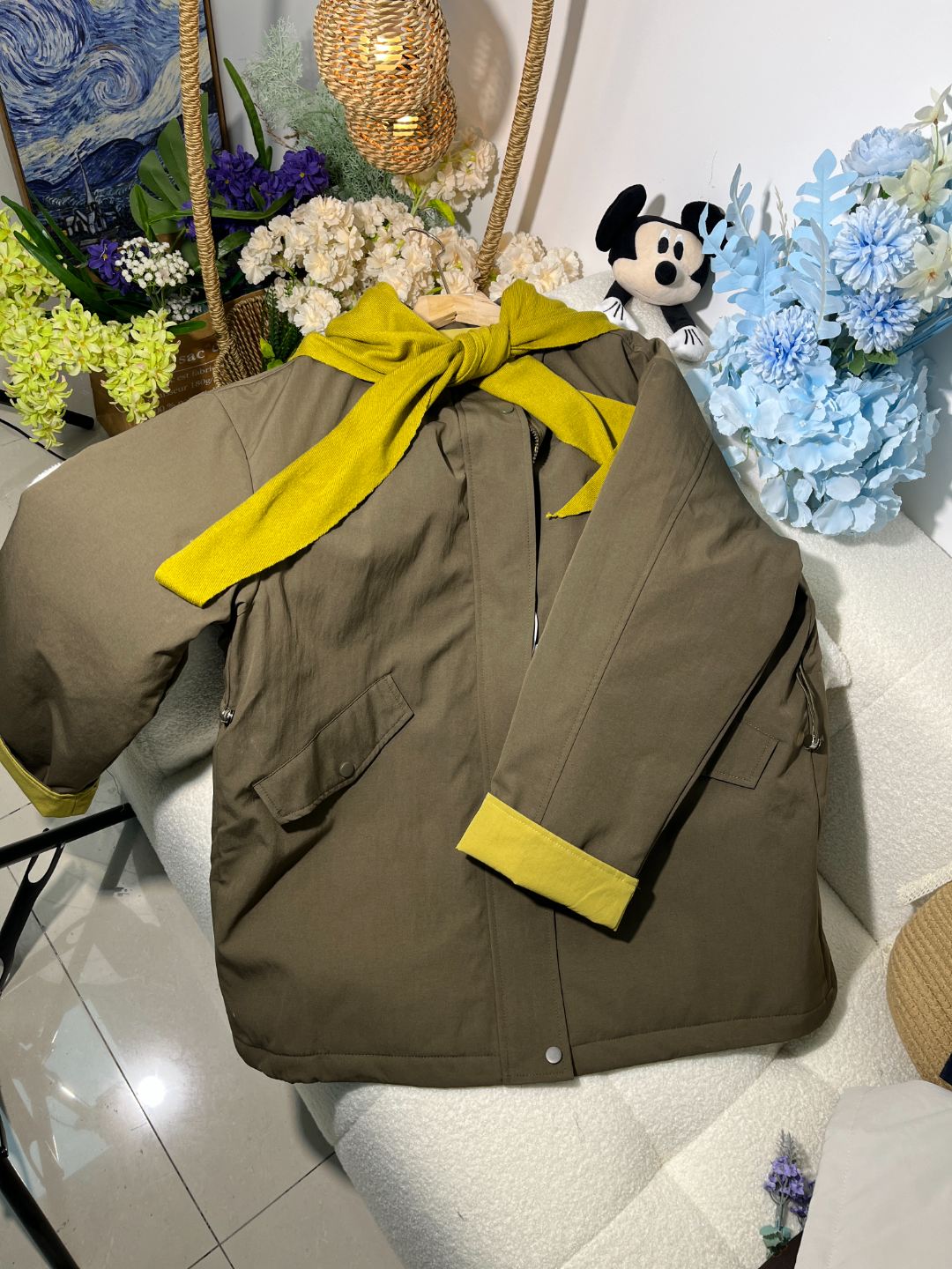 516区25905卡其宽松型中长款立领纯色百搭棉服外套