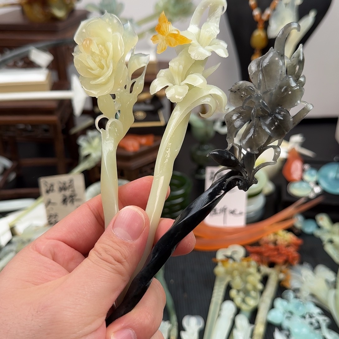绯***迹蛇纹石玉未镶嵌发饰