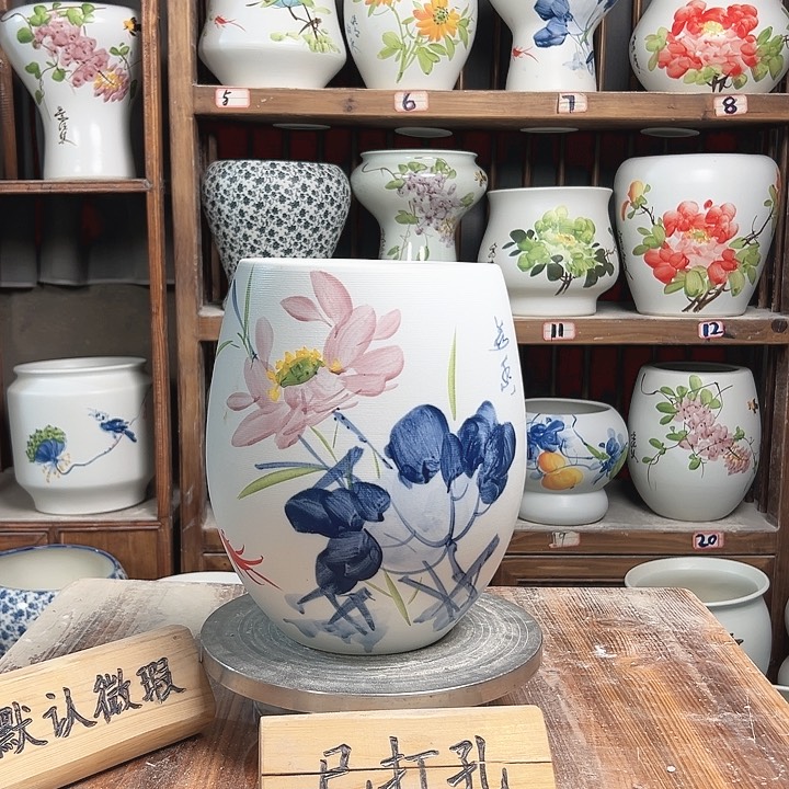 摆件但盆青花荷花新款陶瓷