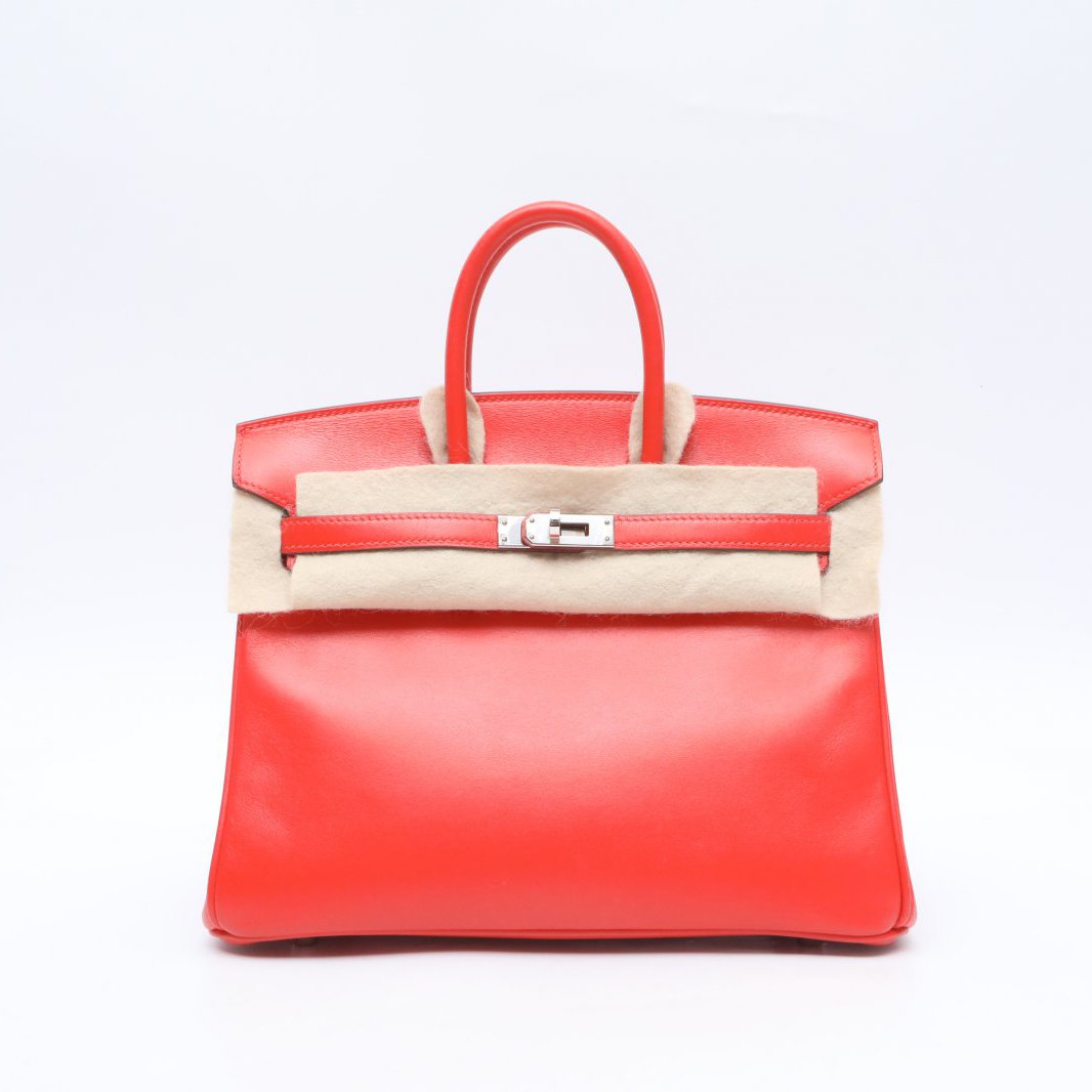99新 Hermes/爱马仕 小花6欢 Birkin 25 火焰紅 Tad皮 C刻 银扣包