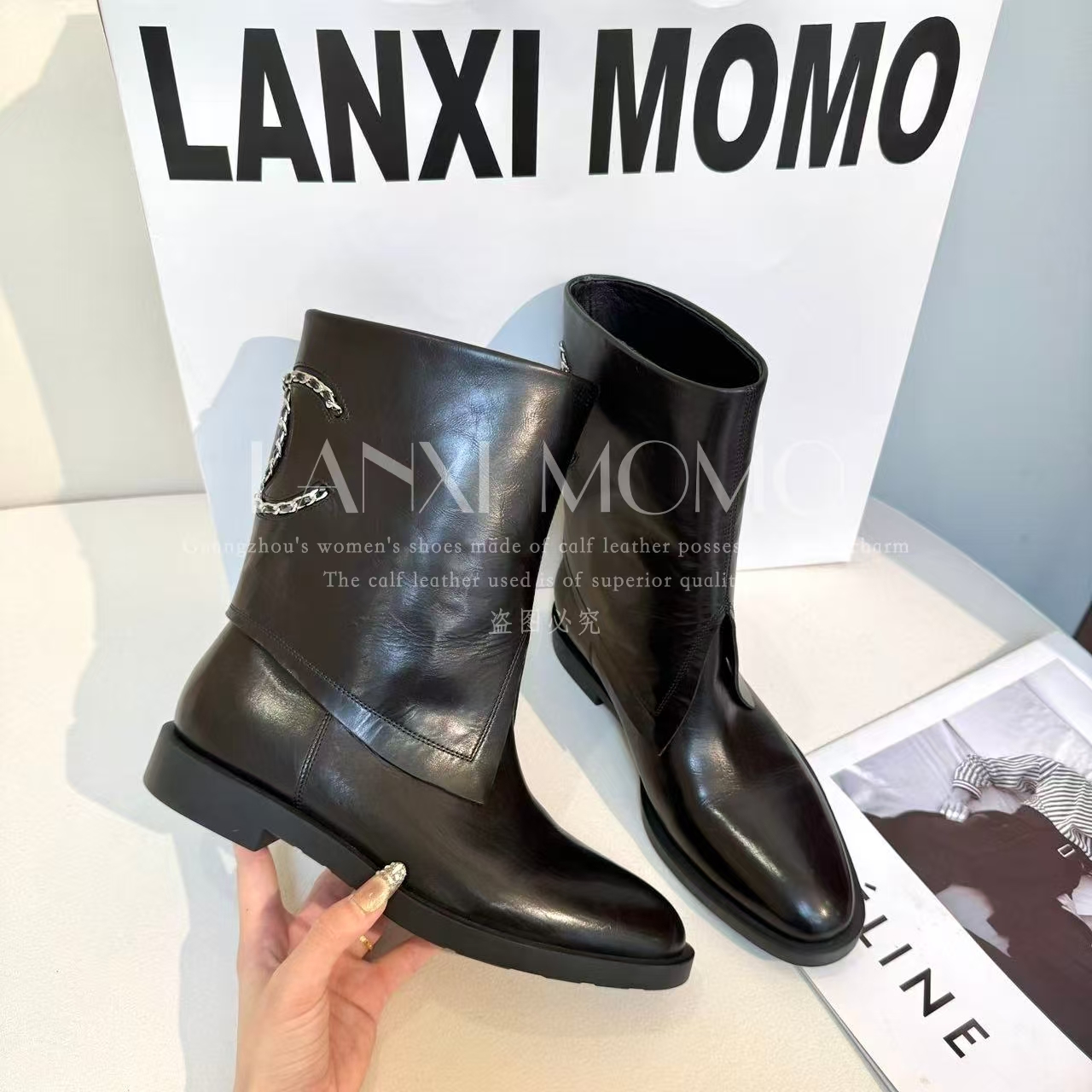  【LANXI  MOMO】时尚百搭女士黑色秋冬尖头短靴25XZ680LX