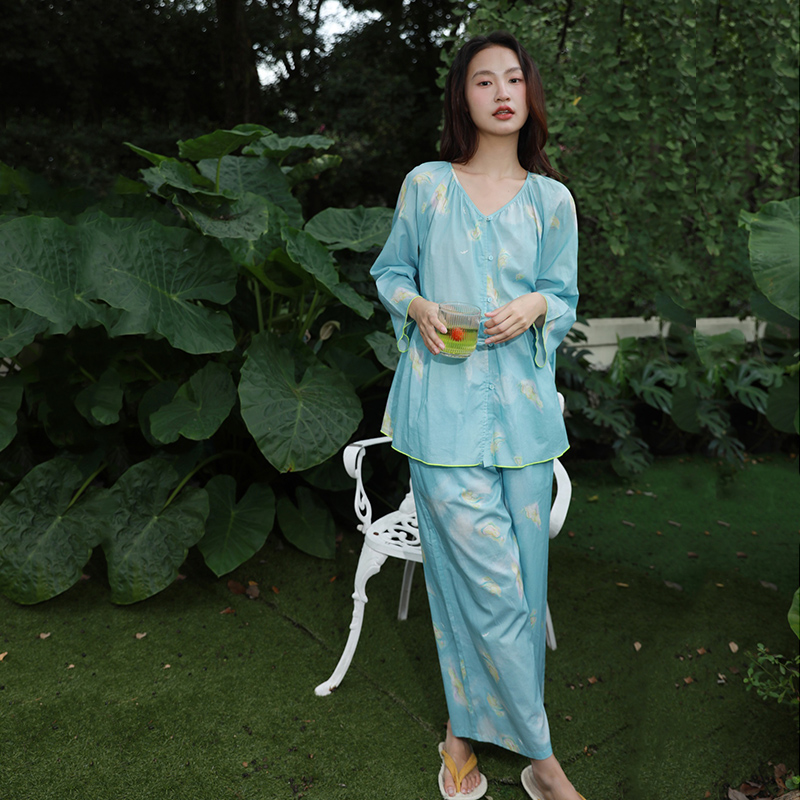 朵朵可可睡衣女2026春夏新款纯棉薄款V领套头印花家居服长套装015
