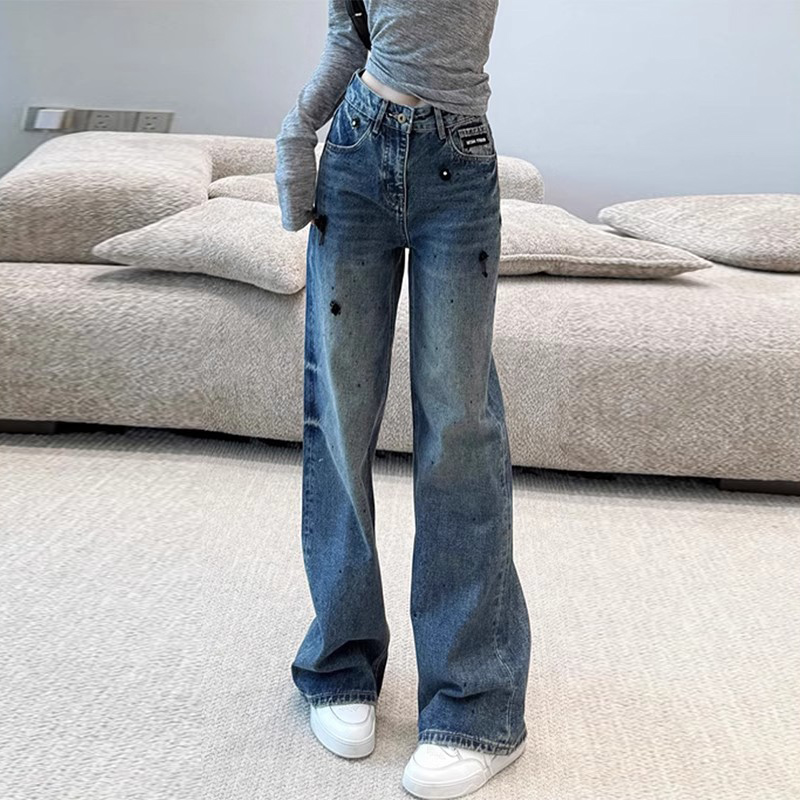 复古钉珠烫钻直筒牛仔裤春装女款爆款2025新款宽松显瘦窄版阔腿裤