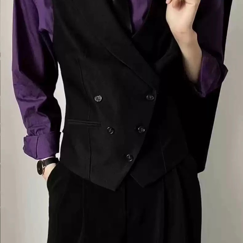 黑色西服马甲痞帅男女中性风高级感枪驳领修身背心西装马夹