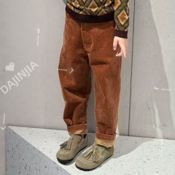 【清仓专用】潮牌轻奢老钱风焦糖色灯芯绒加厚男女宝冬季童装长裤