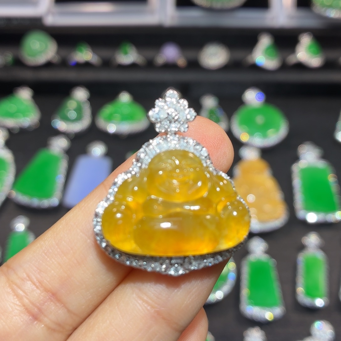 平***淡翡翠18K金镶嵌吊坠(不含链)翡翠