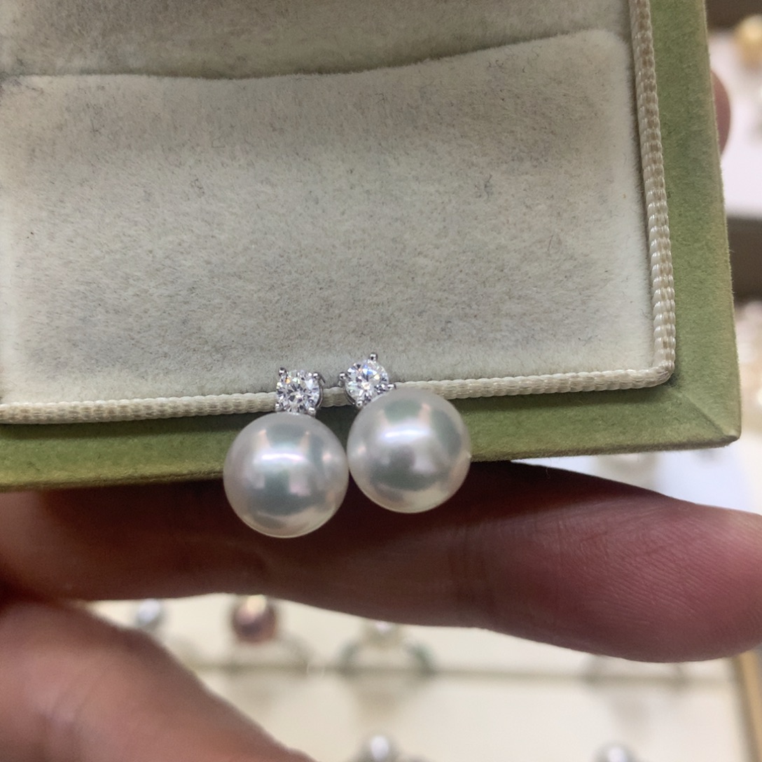 银S925镶嵌海水珍珠耳饰8-8.5akoya戴妃吊坠