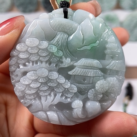 翡翠颈饰未镶嵌山水牌两面工福利有石纹福利