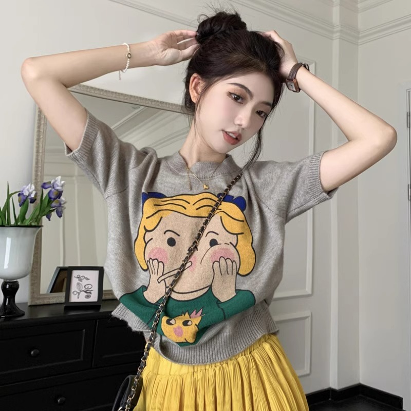 卡通印花针织毛衣短袖女春秋2025新款宽松显瘦短款半高领打底上衣